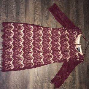 Lace maroon dress with beige under layer